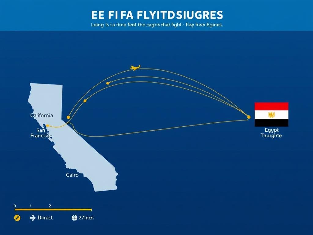 Map showing flight routes from California to Egypt with travel times