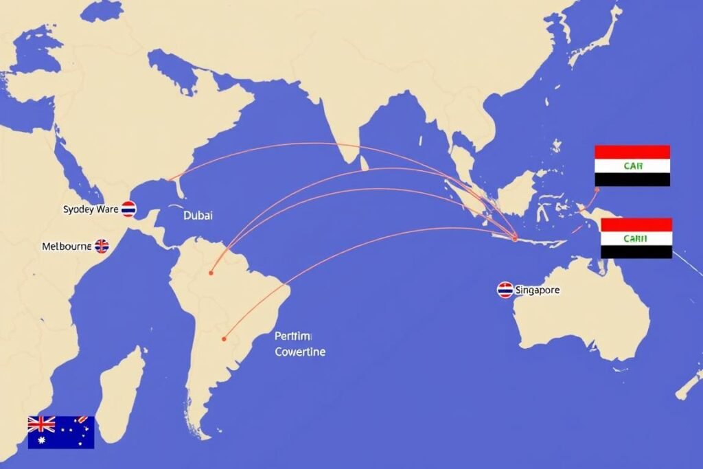 Map showing optimized flight routes from Australian cities to Cairo for 2026/2027 travel