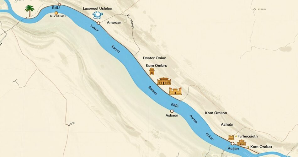 Map showing the Nile cruise route between Luxor and Aswan with major stops highlighted