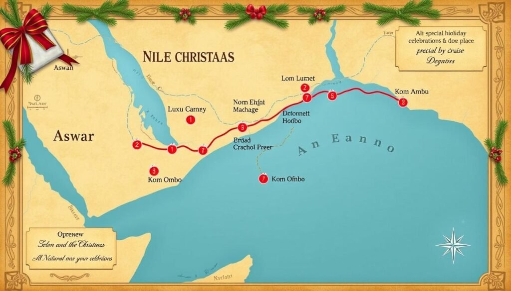 Map showing the route of Christmas Nile cruises between Luxor and Aswan with festive icons marking celebration points