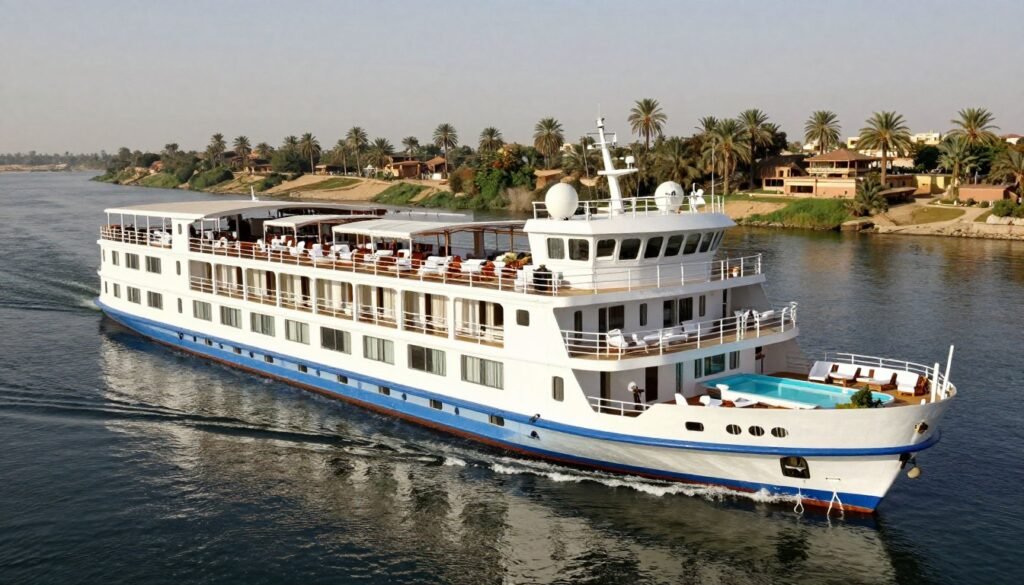 Mid-range Nile cruise ship with comfortable cabins, good dining options and a pool deck