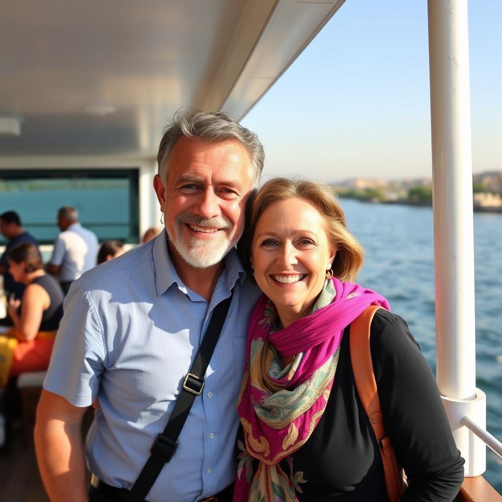 Middle-aged couple smiling on the deck of a Nile cruise ship