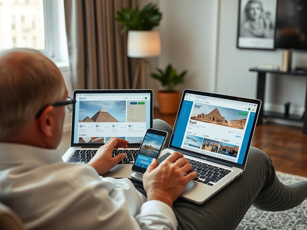 New York traveler checking flight options to Egypt on laptop and smartphone for Egypt Tours from New York 2026/2027