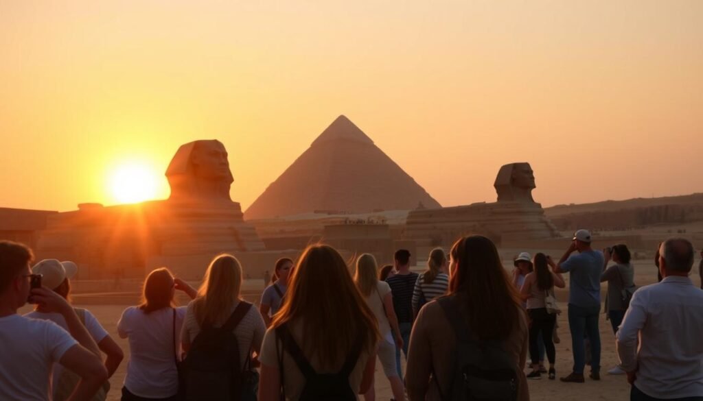 New York travelers enjoying sunset at the pyramids during Egypt Tours from New York 2026/2027