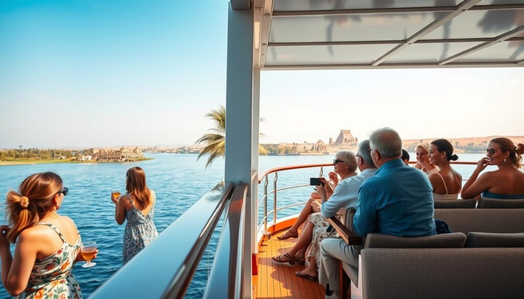 Nile River cruise ship with California travelers relaxing on deck - 7 Days Cairo & Nile Cruise