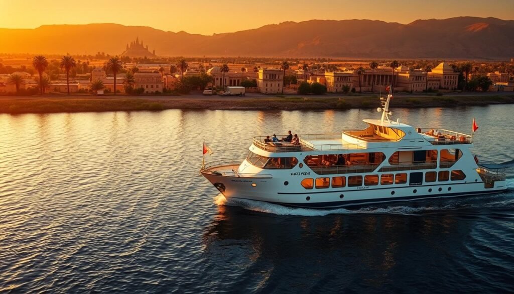 Nile River cruise ship with pyramids in background - 7 Days Cairo & Nile Cruise