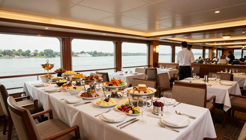 Nile cruise ship dining room with elegant table settings and buffet spread with Egyptian and international cuisine