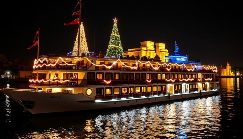 Nile cruise ship fully decorated for Christmas docked near Luxor Temple at night