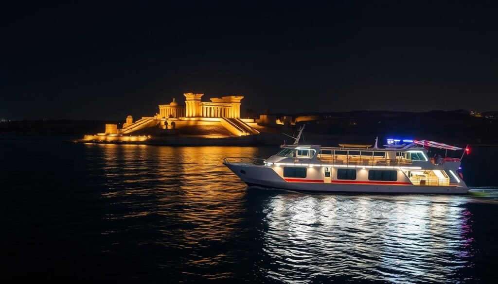 Nile cruise ship illuminated at night with ancient temple visible on shore Nile cruise ship illuminated at night with ancient temple visible on shore