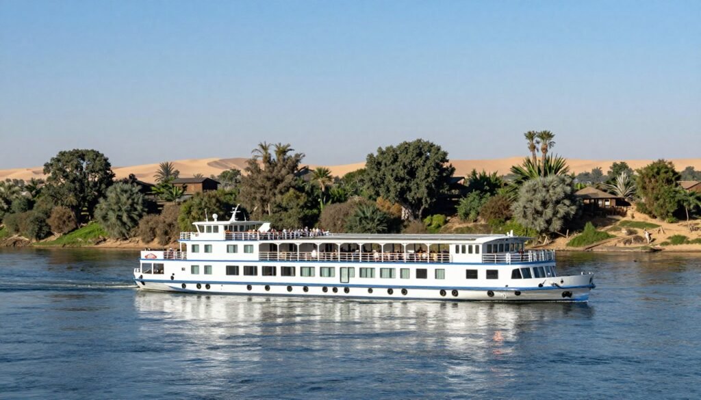 Nile cruise ship passing by lush green riverbanks during winter season with clear blue skies and comfortable temperatures