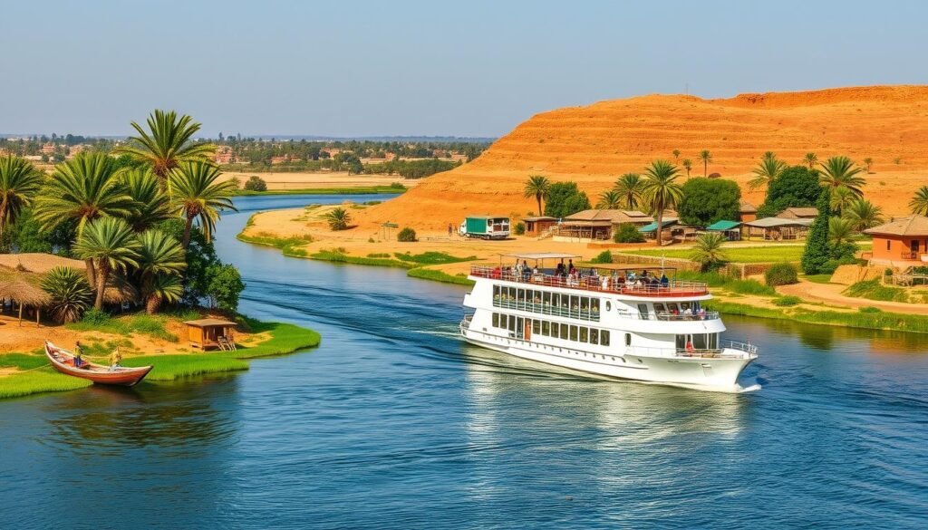 Nile cruise ship sailing past rural Egyptian landscape with palm trees and traditional villages
