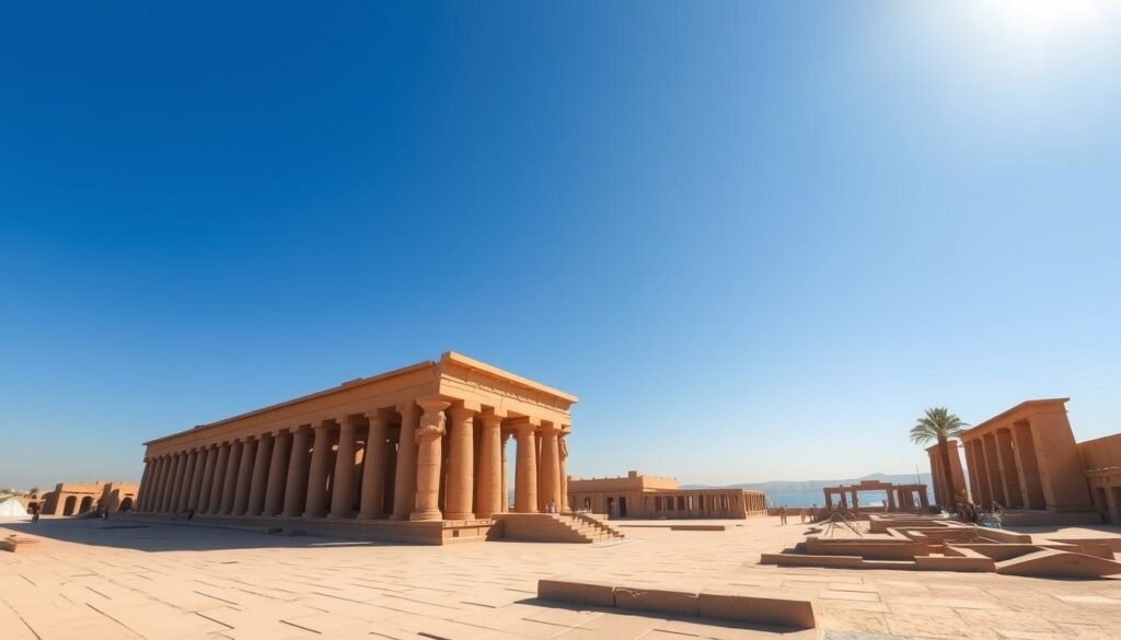 Panoramic view of Luxor temples under clear blue skies