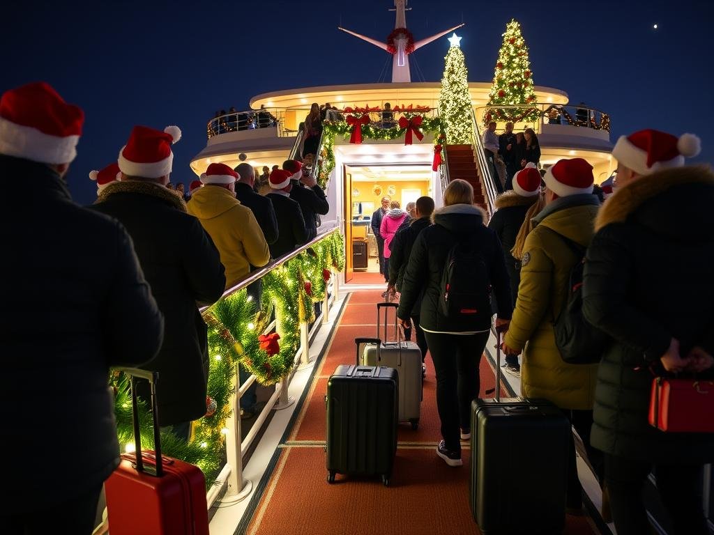 Passengers boarding a festively decorated Nile cruise ship with luggage during the Christmas season