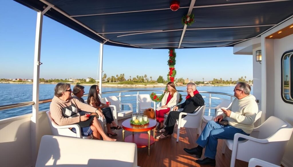 Passengers enjoying the comfortable December weather on the sun deck of a Nile cruise ship decorated for Christmas