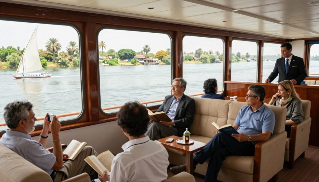Passengers relaxing and watching the scenery from a deluxe Nile cruise ship
