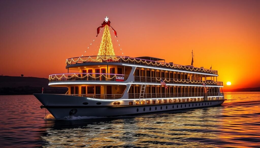 Premium category Nile cruise ship decorated with Christmas lights and decorations sailing at sunset