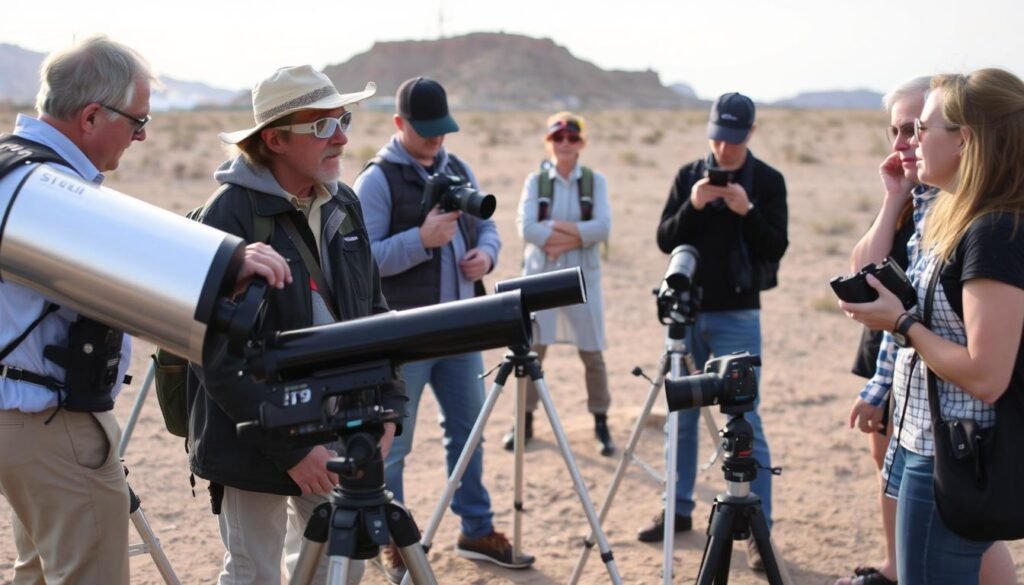 Professional eclipse tour guides with viewing equipment