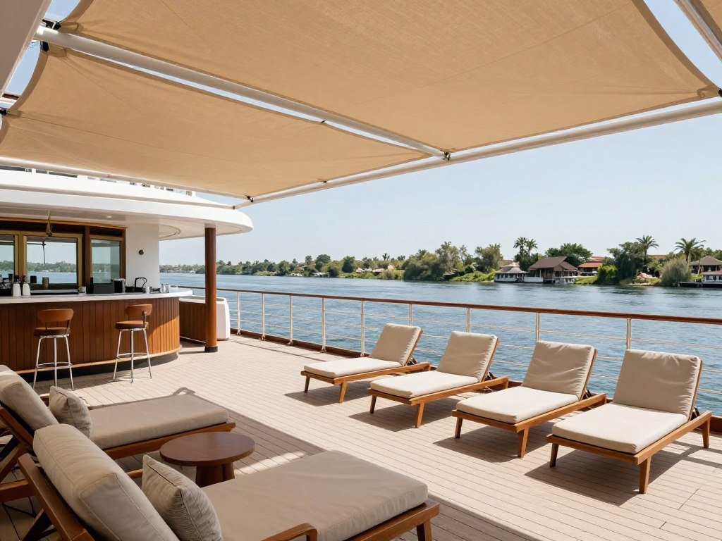 Sanctuary Sun Boat IV deck with lounge chairs and Nile views