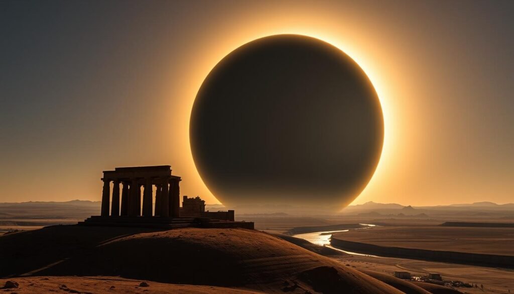 Solar eclipse over Egyptian landscape