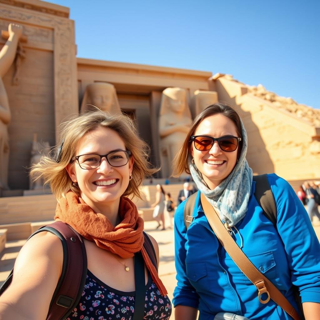Solo female traveler from Adelaide with female Egyptian guide at Abu Simbel - inspiration for 2026/2027 trips