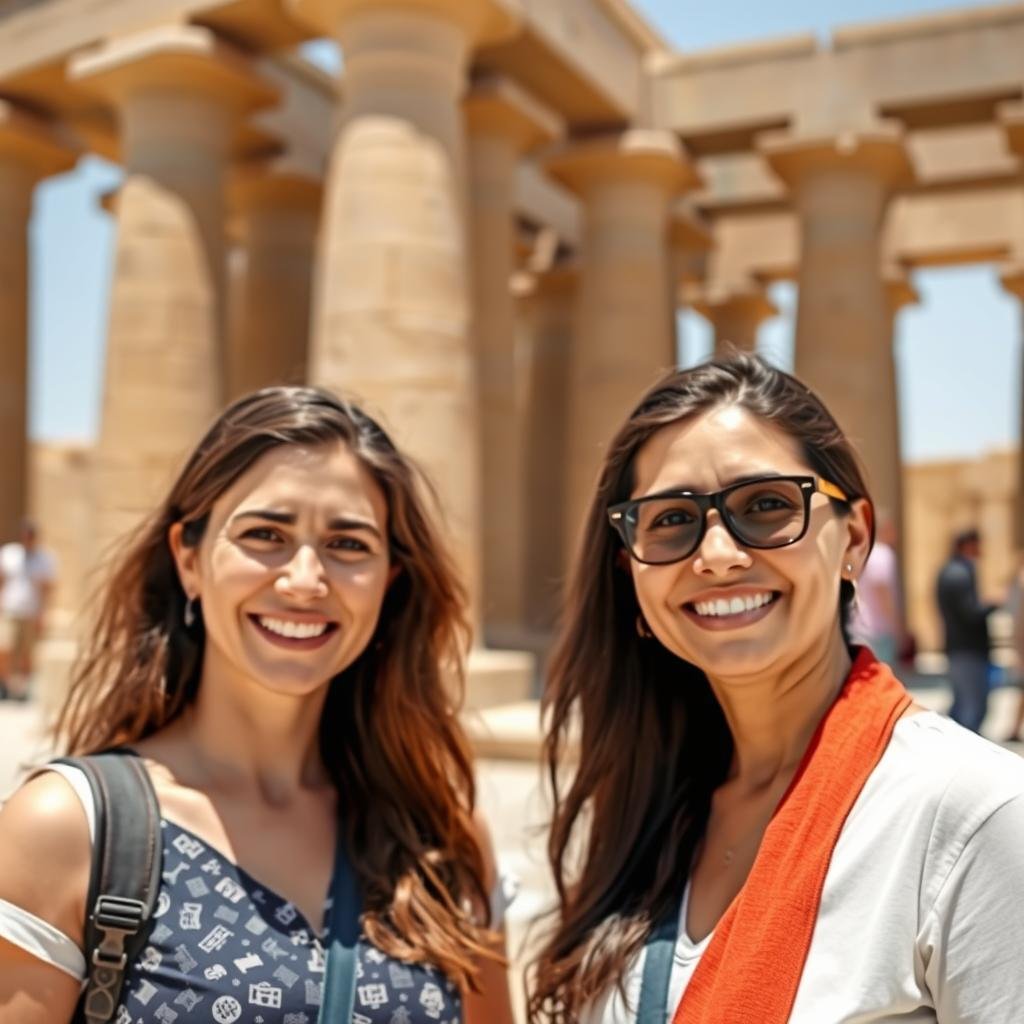 Solo female traveler from Los Angeles with female Egyptian guide at Luxor Temple