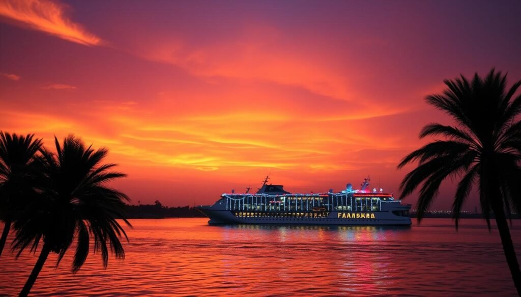 Spectacular sunset over the Nile with a cruise ship decorated with Christmas lights in the foreground