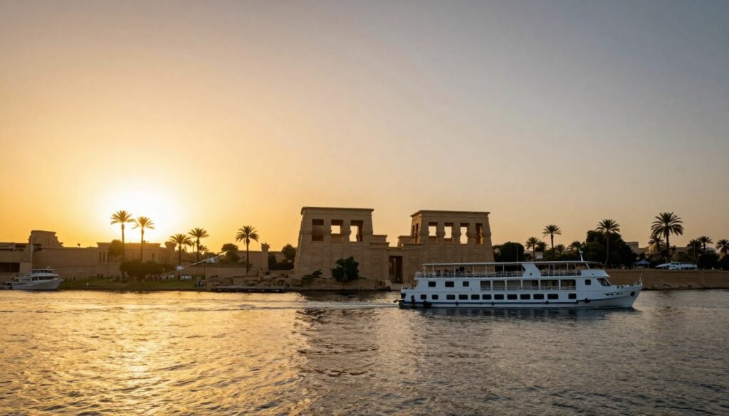 Spectacular view of the Nile at sunset with a cruise ship sailing past ancient temples