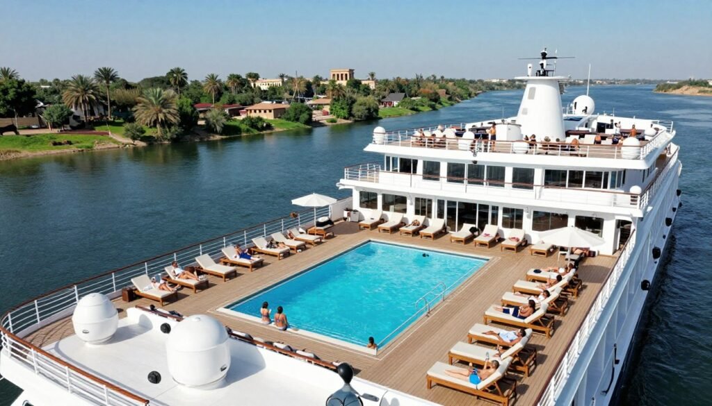 Sun deck of a Nile cruise ship with swimming pool, loungers, and views of the riverbank
