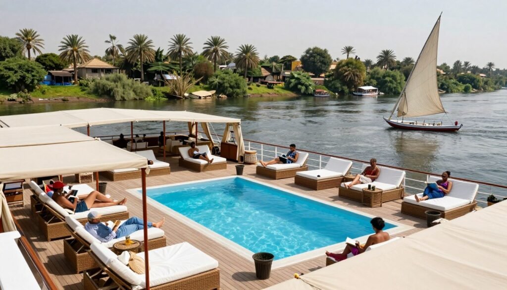 Sun deck of a deluxe Nile cruise ship with loungers and swimming pool