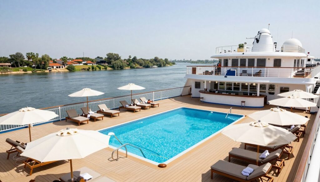 Sun deck of a deluxe Nile cruise with swimming pool, loungers, and panoramic views of the Nile River