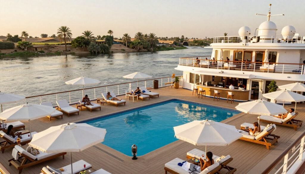 Sun deck with swimming pool and loungers on a deluxe Nile cruise ship