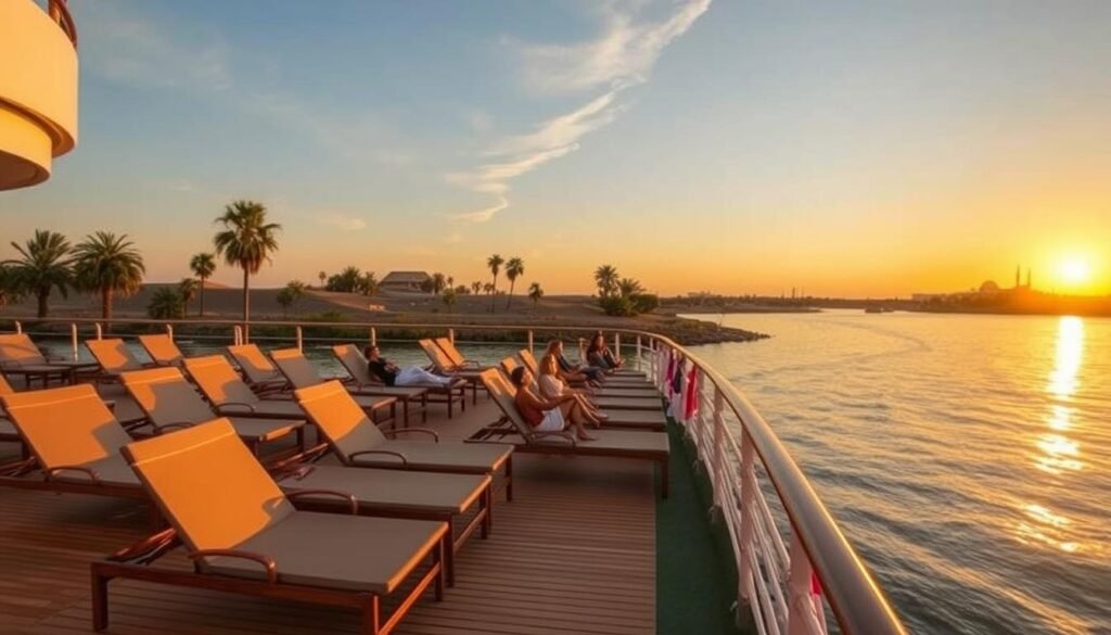 Sunset view from a Nile cruise ship deck with comfortable loungers and Egyptian landscape Sunset view from a Nile cruise ship deck with comfortable loungers and Egyptian landscape