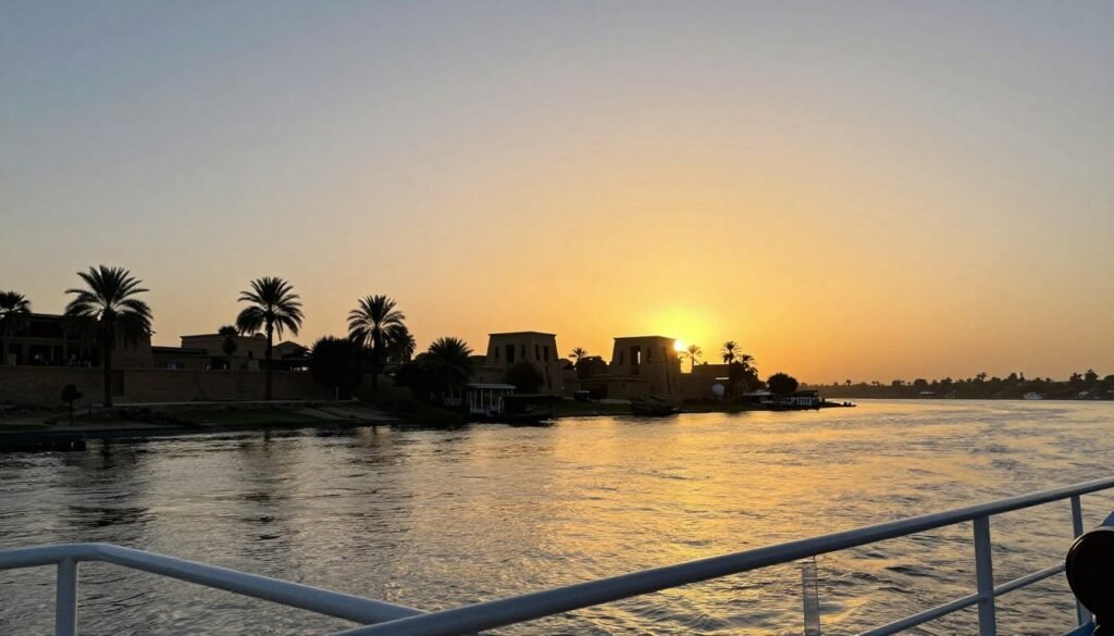Sunset view from a Nile cruise ship deck with silhouettes of palm trees and ancient temples along the shore