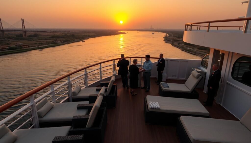 Sunset view of the Nile River from a luxury cruise ship sundeck with comfortable loungers and attentive staff serving refreshments Sunset view of the Nile River from a luxury cruise ship sundeck with comfortable loungers and attentive staff serving refreshments