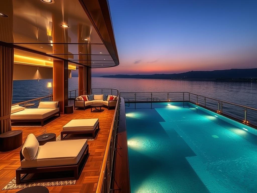 The Oberoi Zahra luxury Nile cruise ship featuring contemporary design, spacious cabins and an infinity pool The Oberoi Zahra luxury Nile cruise ship featuring contemporary design, spacious cabins and an infinity pool