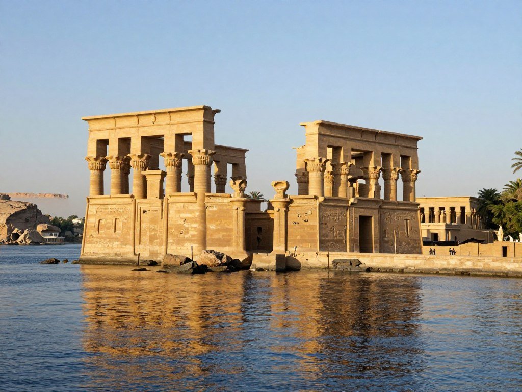 The beautiful island temple of Philae in Aswan surrounded by water