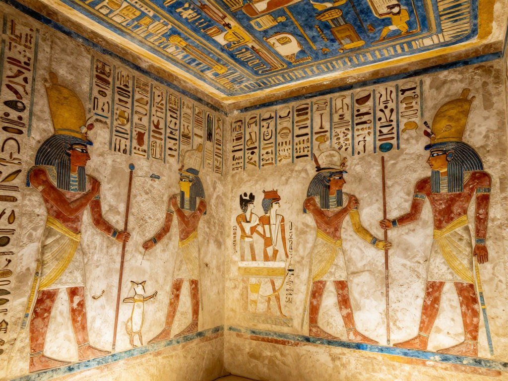 The colorful tomb paintings in the Valley of the Kings near Luxor