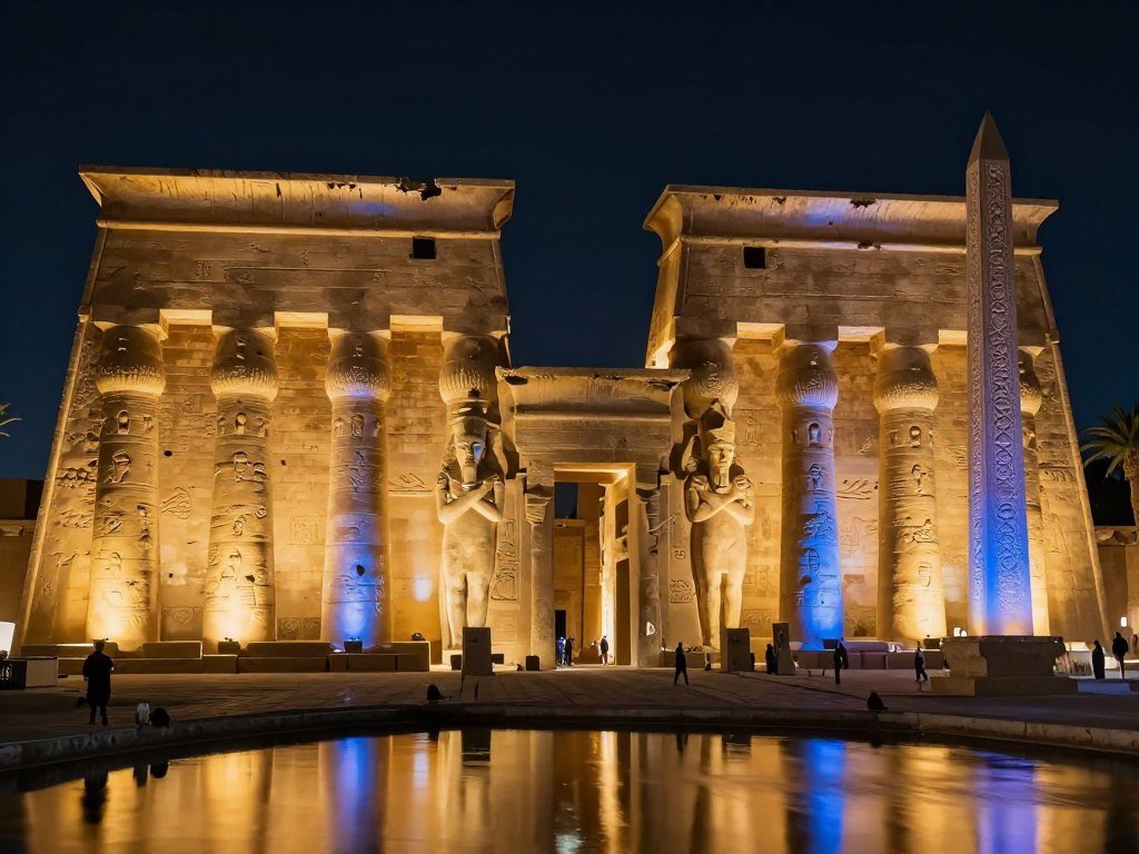 The entrance to Luxor Temple illuminated at night during a sound and light show
