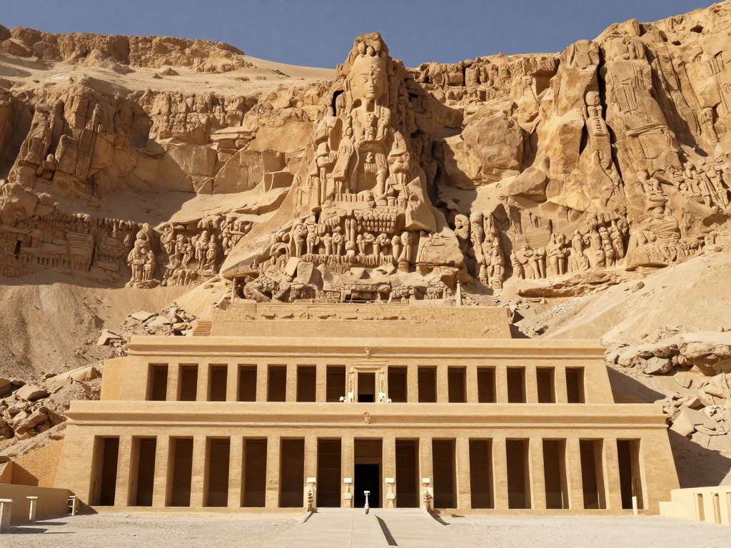 The terraced Temple of Hatshepsut set against dramatic desert cliffs