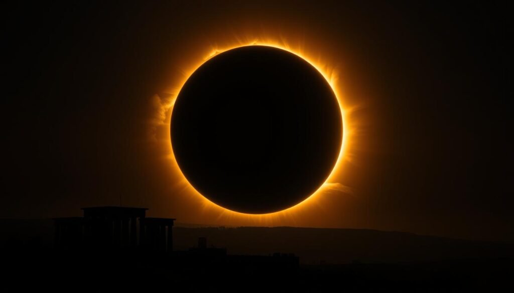 Total solar eclipse corona over Egyptian landscape