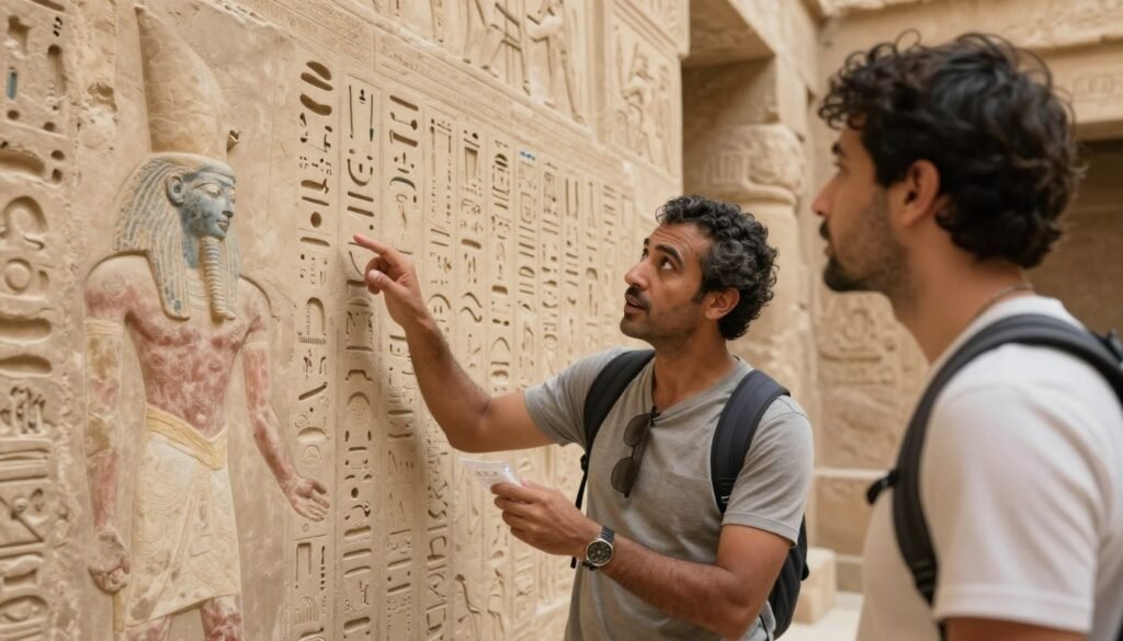 Tourist asking questions to an Egyptologist guide with ancient temple carvings in the background