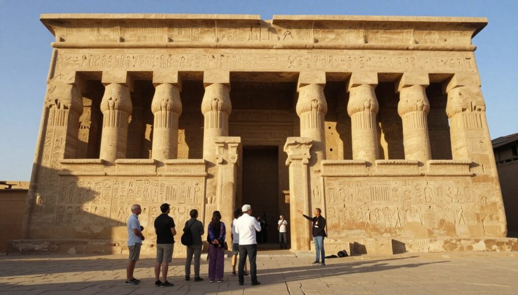 Tourists exploring the magnificent Temple of Kom Ombo during a Nile cruise shore excursion