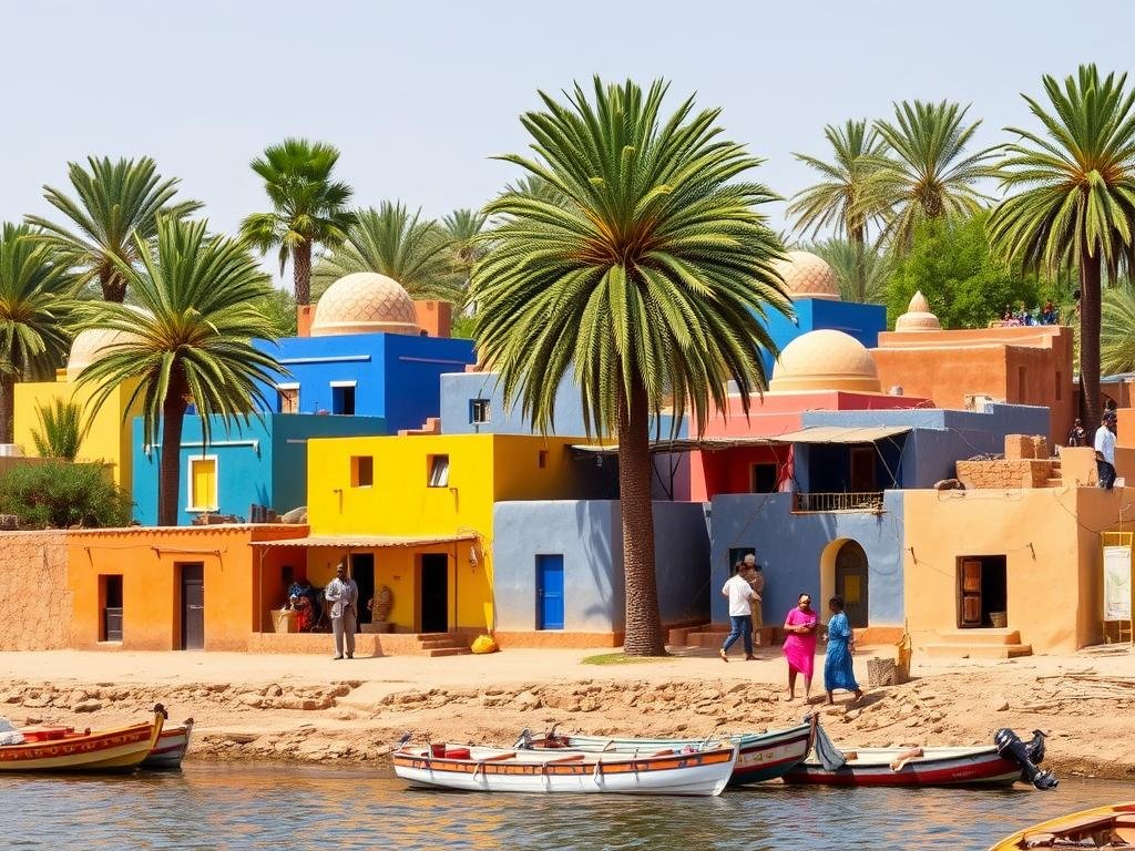 Traditional Nubian village with colorful houses along the Nile in Aswan