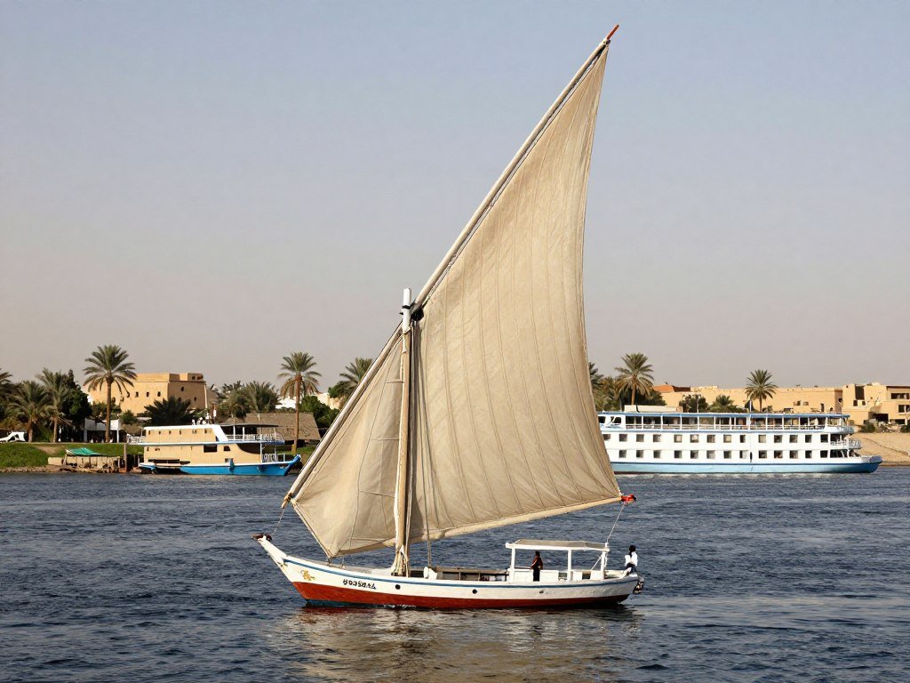 Traditional wooden Dahabiya sailing vessel on the Nile