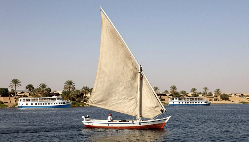 Traditional wooden dahabiya sailing on the Nile with twin sails