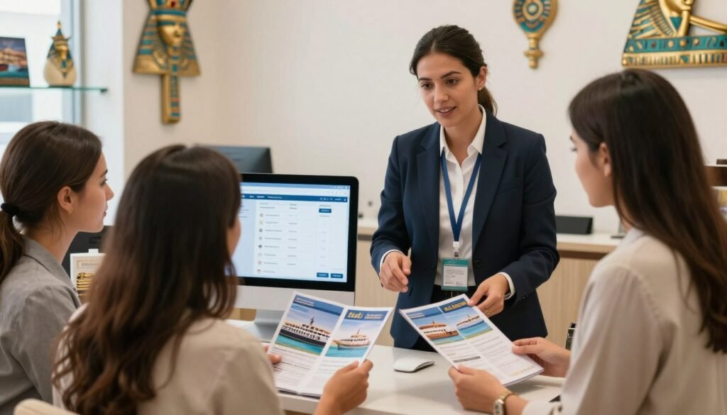 Travel agent helping customers book a Nile cruise with brochures and a computer showing cruise options