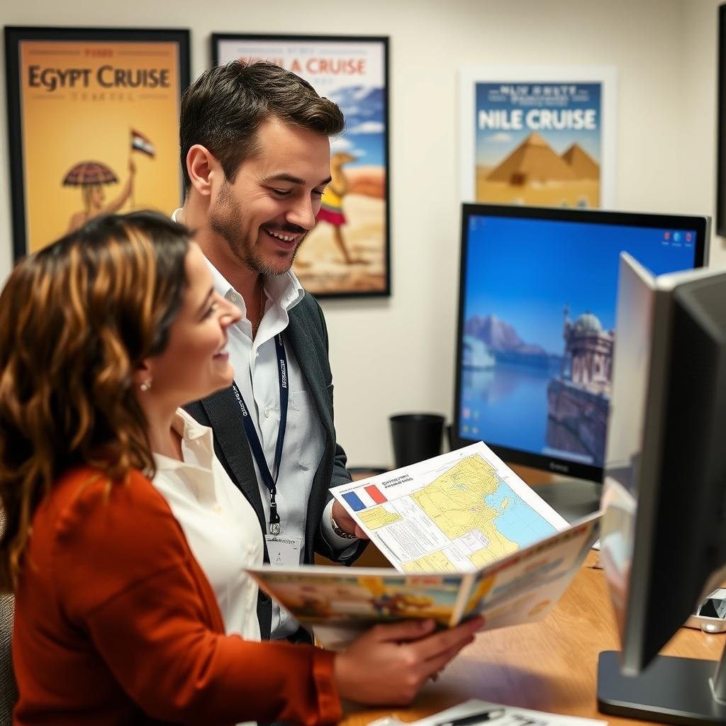 Travel consultant discussing Nile cruise options with client