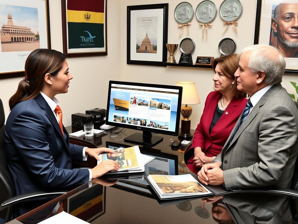 Travel consultant discussing Nile cruise options with clients in a professional office setting Travel consultant discussing Nile cruise options with clients in a professional office setting