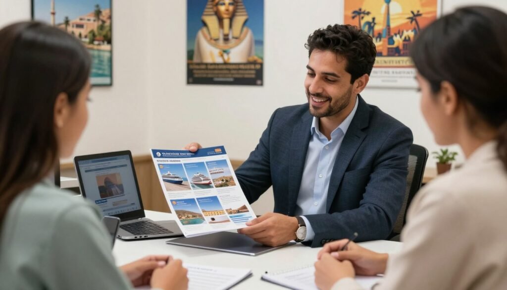 Travel consultant helping clients select the perfect Nile cruise package