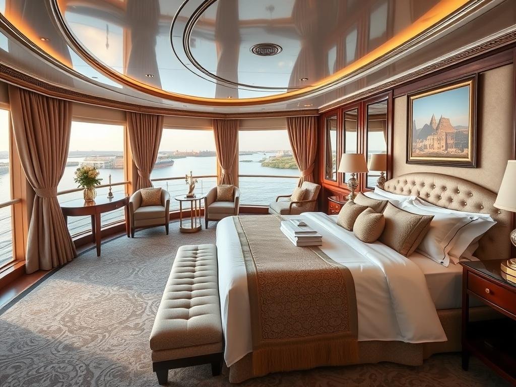Ultra-luxurious suite on a premium Nile cruise ship featuring elegant decor, king-sized bed, and panoramic Nile views